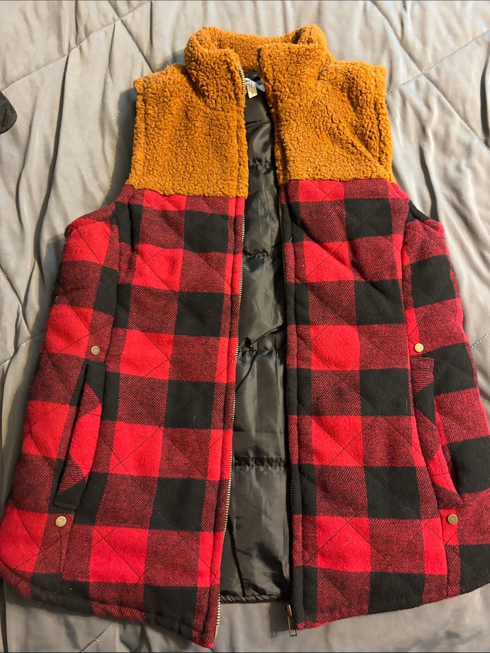 Maurices Black Puffer Vest with Golden Tan Sherpa Trim